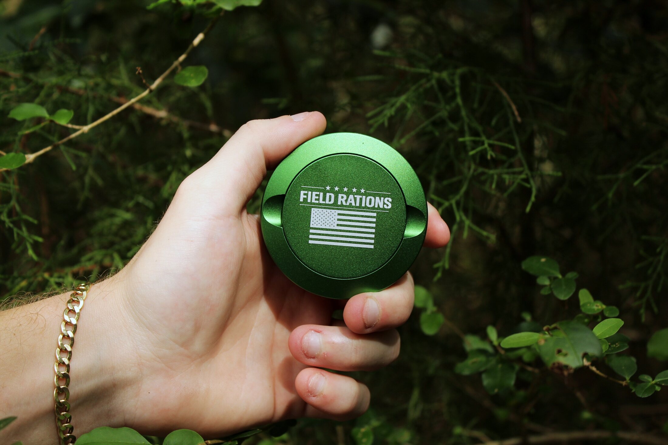 Green can held in the brush