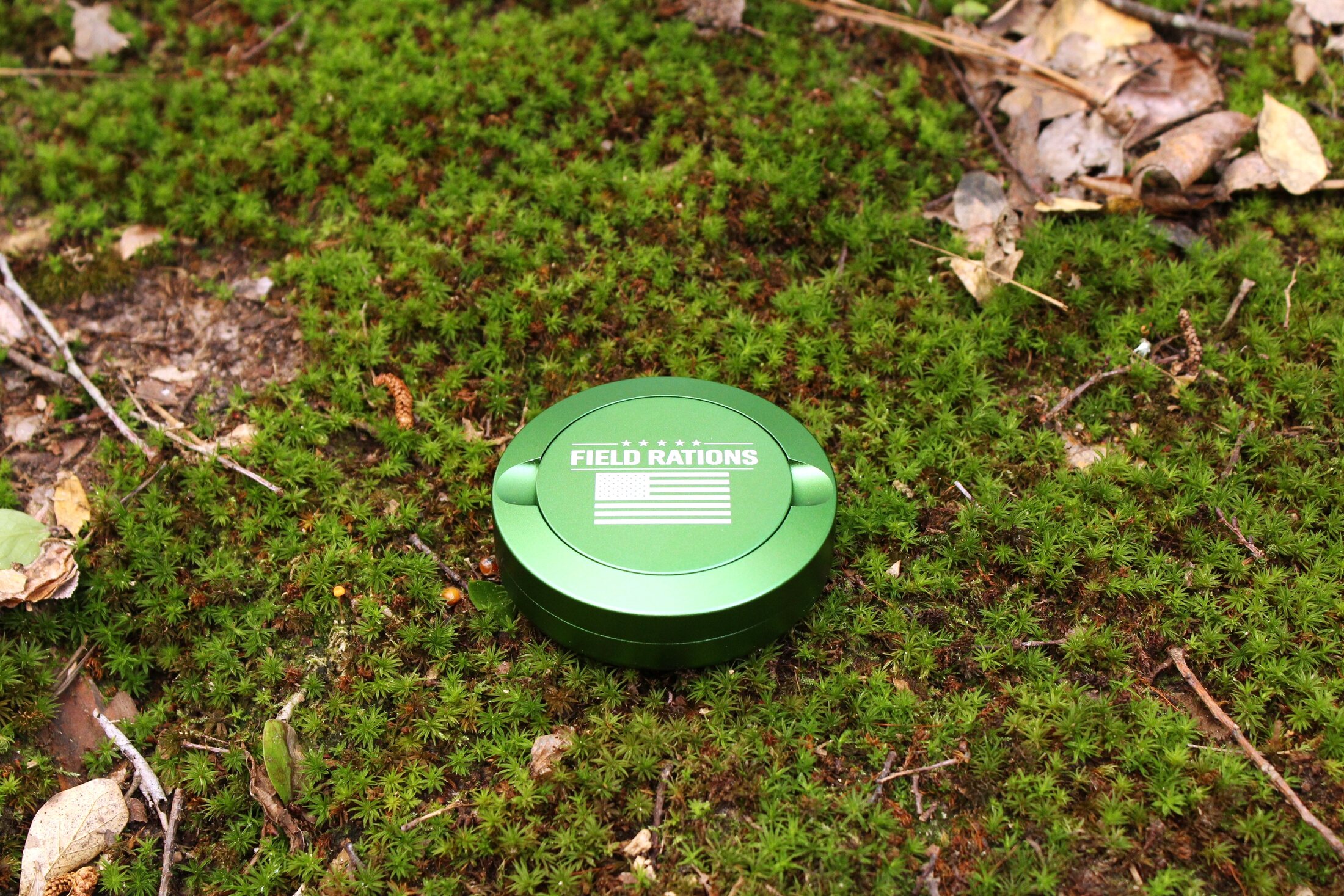 The Sentry — OD Green Field Rations can on moss